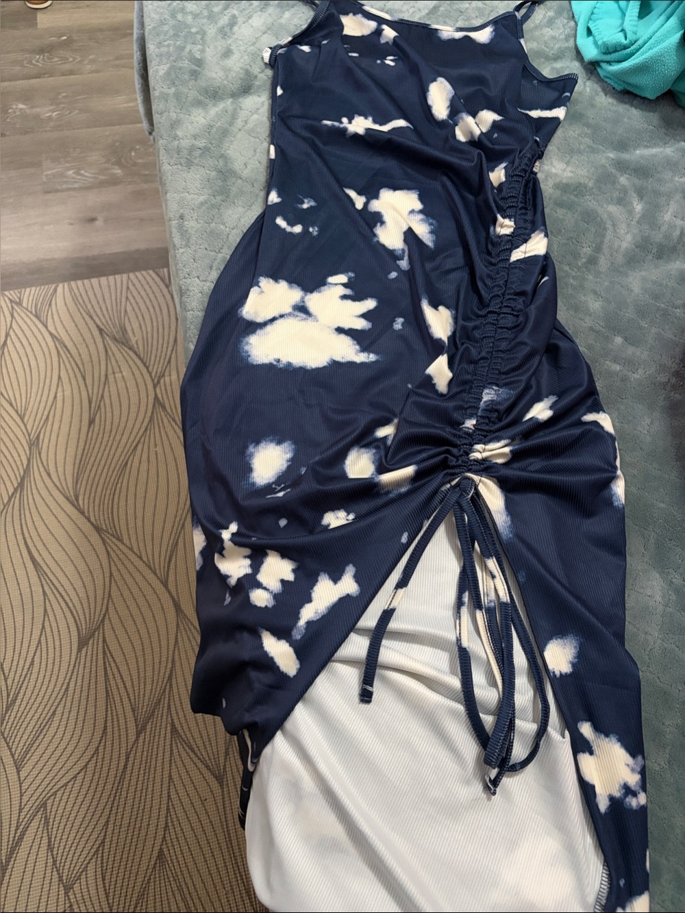 Navy Blue Tie-Dye Ruched Midi Dress